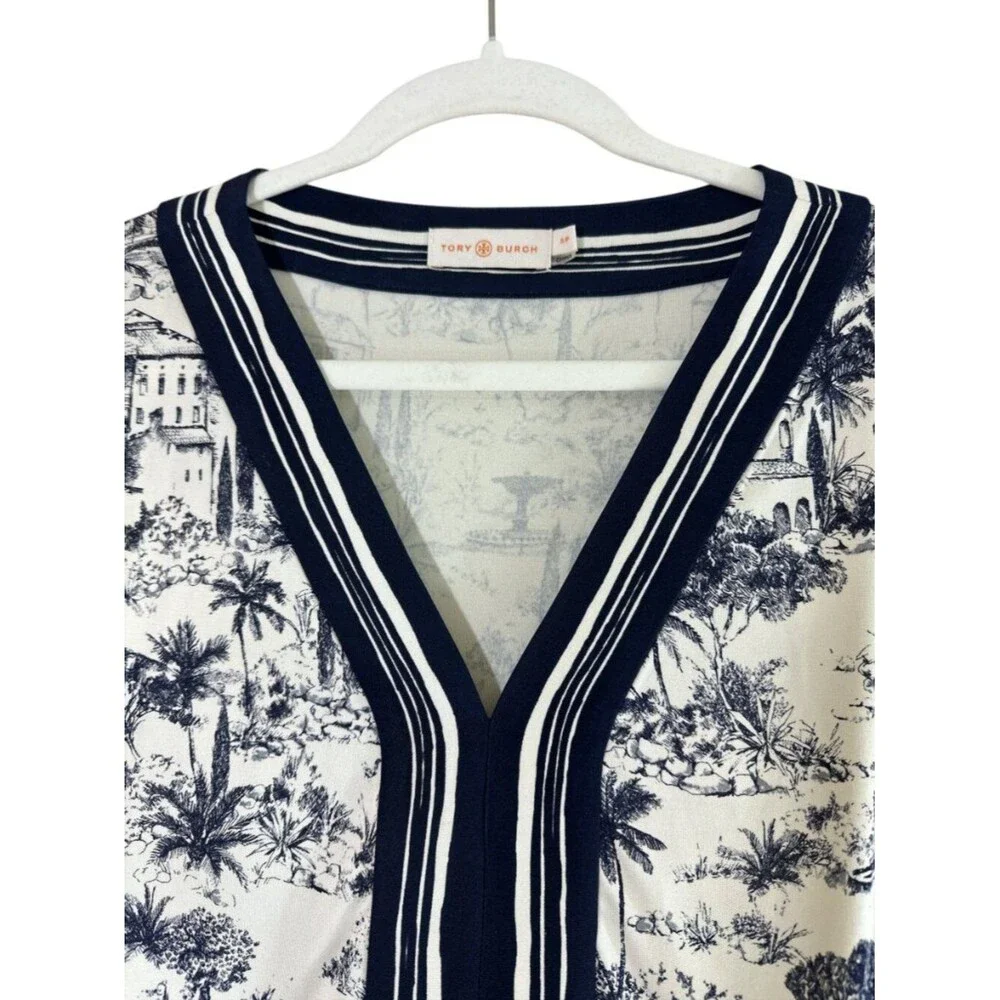 Tory Burch Silk Interlock Dress Blue Ivory Toile Print V-Neck Designer sz S/P